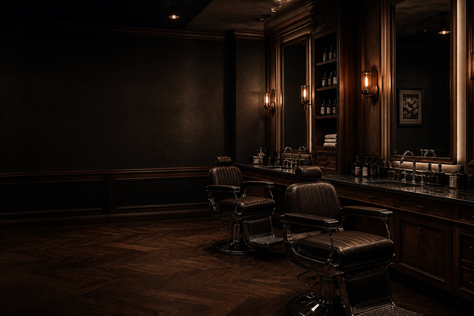 The considered barbering interior of The Gentlemen's Lounge