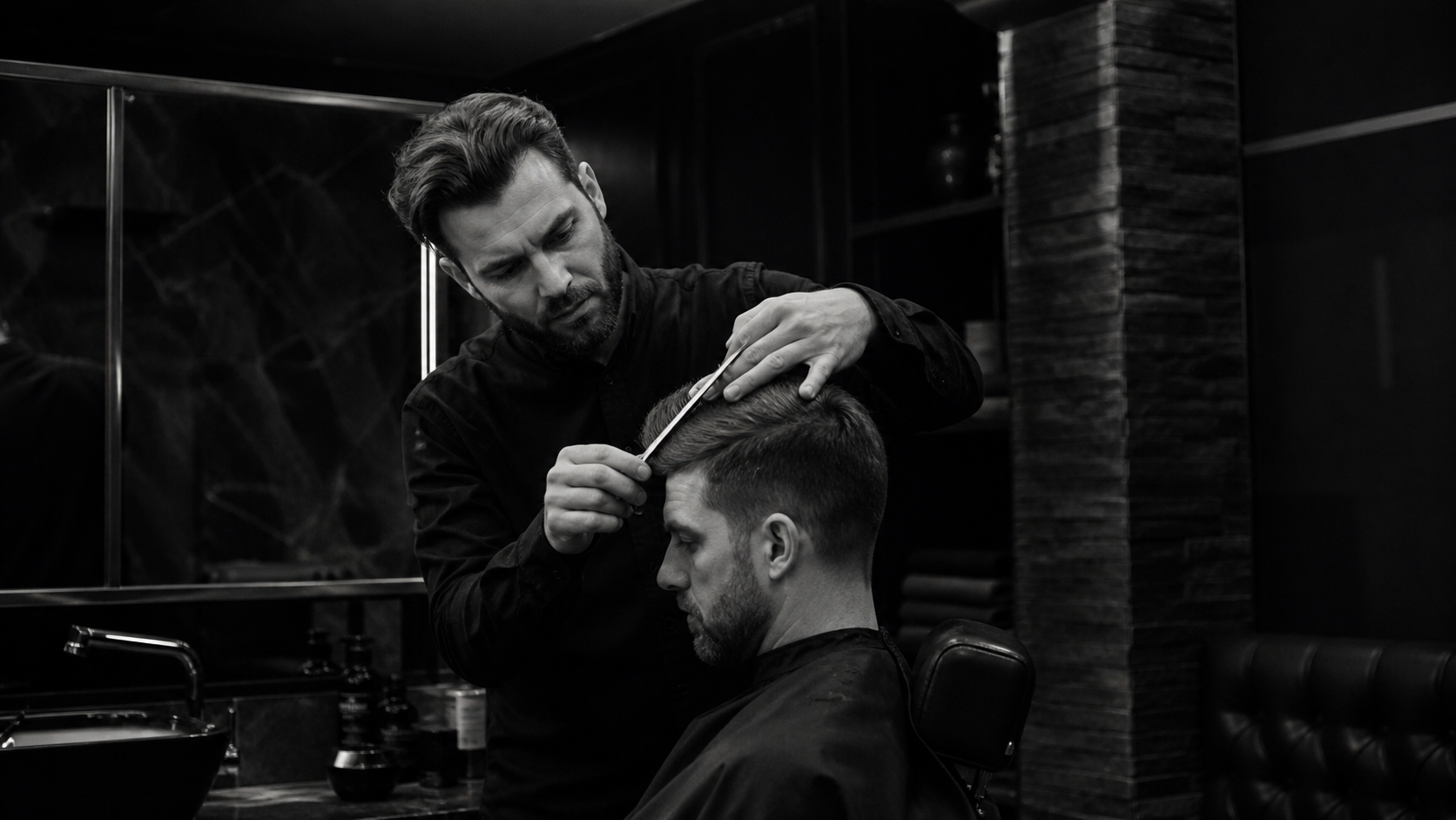 Barber cutting a client's hair with scissors and comb