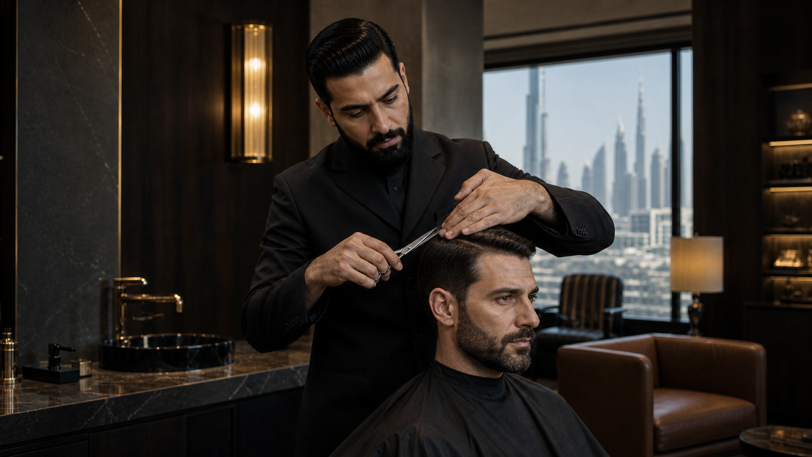 Barber performing a precision haircut in the lounge