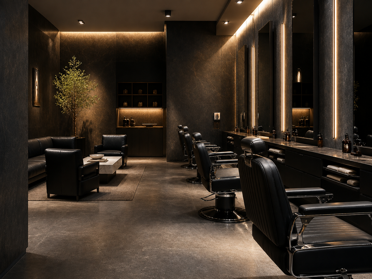 Interior of The Gentlemen's Lounge with leather barber chairs and mirrors